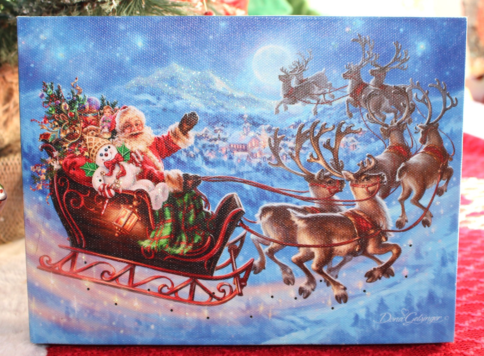 LIGHTED MR MR. BINGLE RIDING SANTA SLEIGH BATTERY OPERATED GLOW TABLETOP DECOR