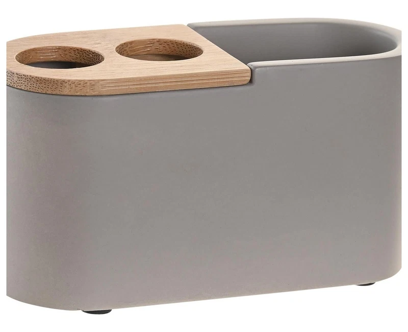 Portaspazzolini Bagno Cemento Grigio Opaco con Piano in Bambù Porta Spazzolino, fotografia 7 di 9