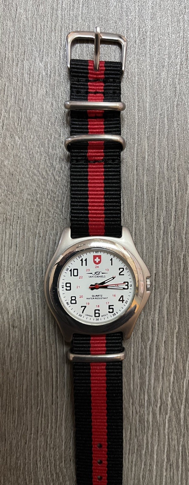 Ian Daniels Swiss Watch New black & Red NATO strap & Battery & rugged case