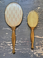 Vintage Gold Brass toned Vanity Hair Brush 10" and Mirror 13.75" Set