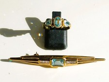 LOT / BELLE BAGUE ANCIENNE ORIA T54 + BROCHE / En Plaqué or avec PIERRE BLEUE
