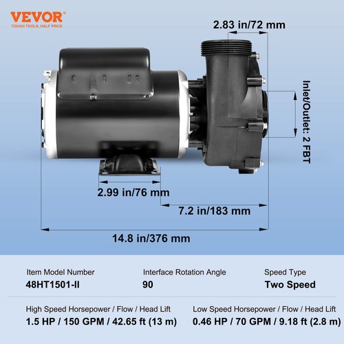 2 Speed SPA Pump 48-Frame Hot Tub Pump 1.5 HP/150 GPM or 0.46 HP/70 GPM - Picture 7 of 12