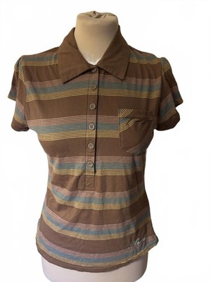 BNWT Hooch Y2K Brown Triple Rainbow Stripe Short Sleeve Polo Shirt UK 10