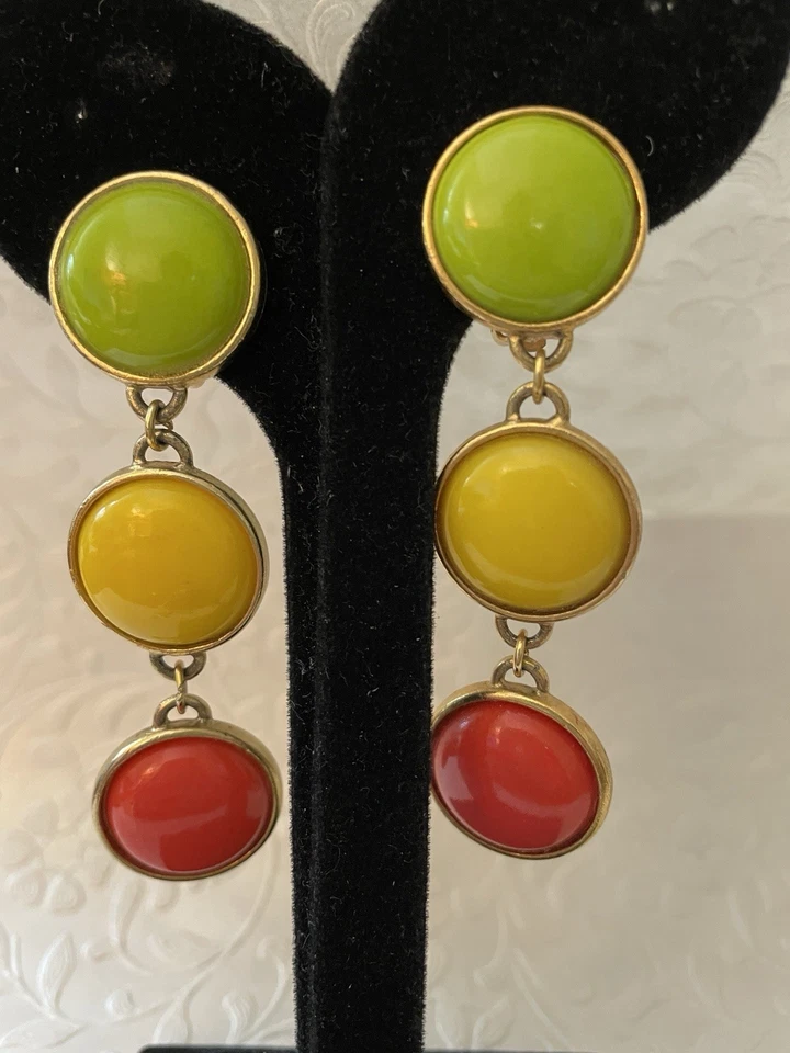 Pendientes colgantes verde neón amarillo y naranja con clip Groovy retro de moda años 70 Foto 4 de 4