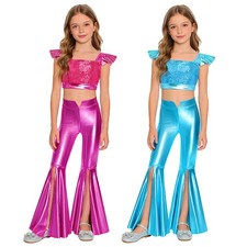 Girls Set Sequin Stage Costume Bell Hem Outfit Bodycon Two Piece Overlay Pant