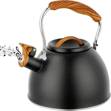 3 Quart Whistling Tea Kettle Black Stainless Steel Stove Top Teapot Wood Handle