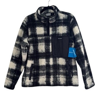 Columbia Women s West Bend 1/4 Zip Black White Plaid Fleece Pullover Size 1X NEW