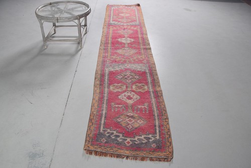Turkish Rug, 2,2x11 ft Vintage Rug, Red Gray Abstract Wool Rug