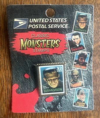 1997 USPS CLASSIC MONSTERS STAMP PIN - ''FRANKENSTEIN'' UNUSED ON ORIG CARD