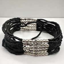 Vintage Y2K Black Beaded Multi-Strand Bracelet Silver Tone Statement Jewelry