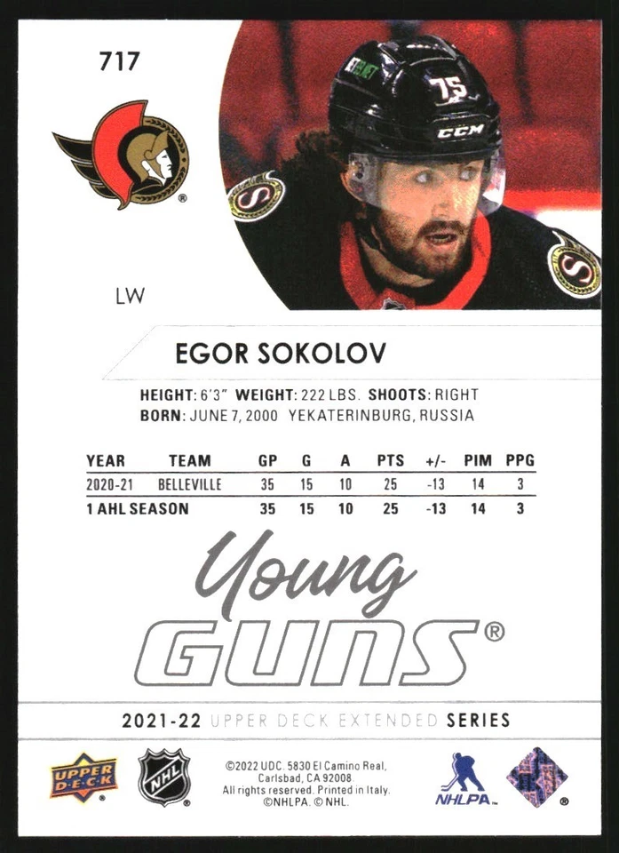 2021-22 Upper Deck Extended Series Young Guns Egor Sokolov YG RC # 717 - Image 2 of 2