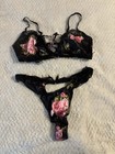 VTG Beautiful Black Satin Bra With Rose Pattern And Panties Set Size L