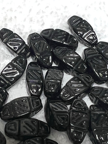 10 Vintage Art Glass Beads Fancy Design Glossy Black 7/16th inch Tube