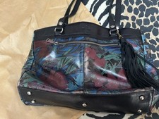 Patricia Nash POPPY Tote Blue Forest Leather Black trim MUST SEE 