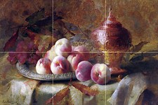 Still life with peaches and tea urn Tile Mural Kitchen Bathroom Backsplash 18x12