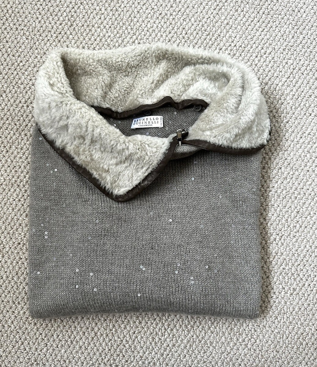 Brunello Cucinelli Sequin Embellished Cashmere Jumper Sweater W/ Fur Collar  S