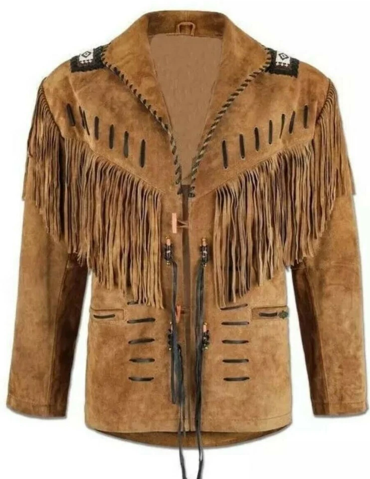  Men's Traditional  Cowboy Western Leather Jacket Coat  with Fringes beads - Image 2 of 4