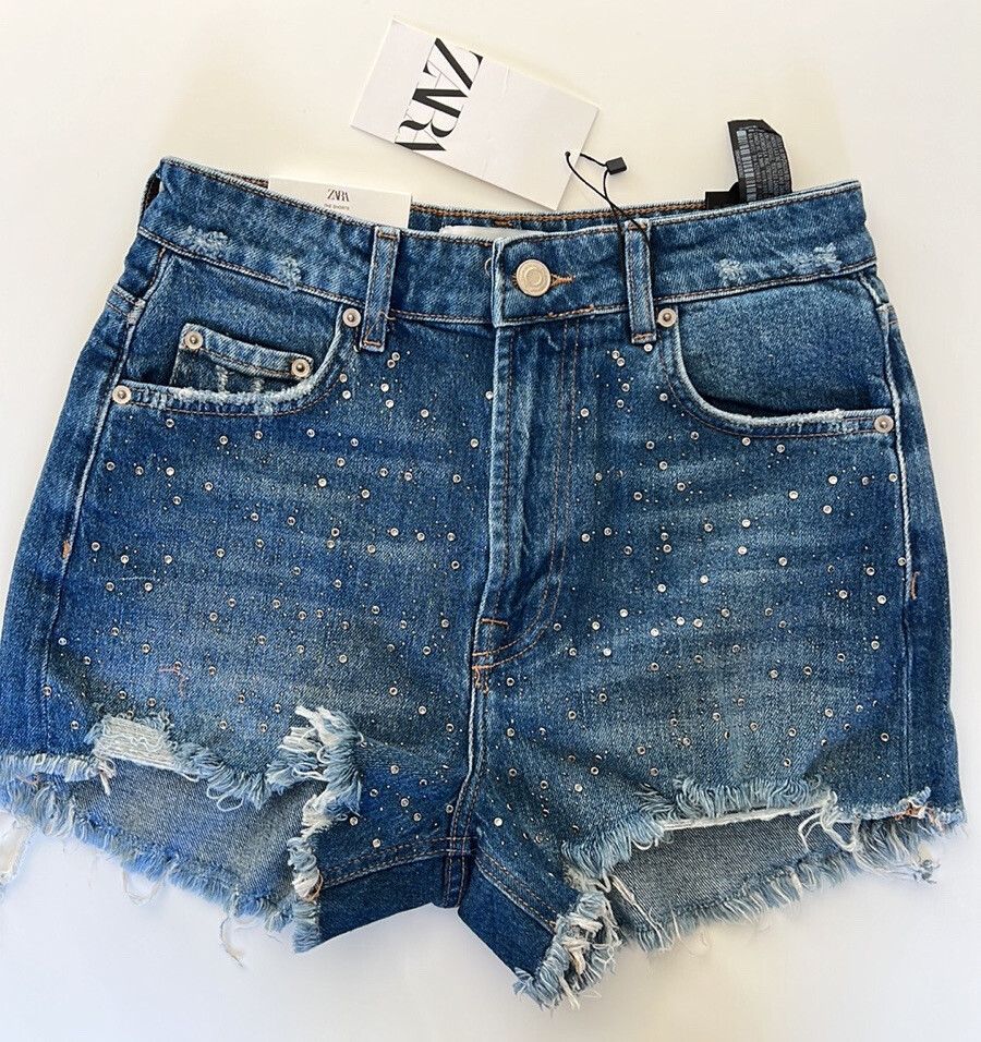 Zara ZW DENIM SHORTS WITH RHINESTONES 6840/247 size 26 (US 2 Zara ZW DENIM SHORTS WITH RHINESTONES 6840/247 size 26 (US 2