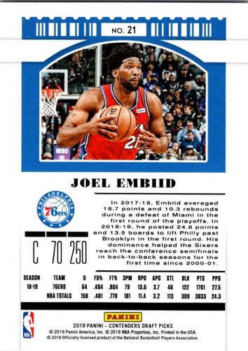 2019 Panini Contenders Draft Picks #21b Joel Embiid Draft Ticket Blue Foil - Picture 2 of 2