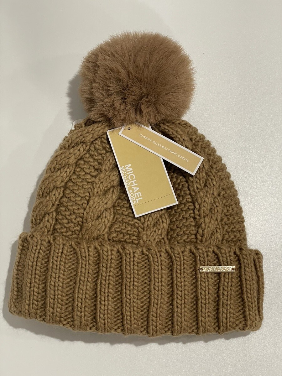 MICHAEL KORS Faux Fur Cable Knit Fleece Lined Beanie Pom Pom  display picture 3