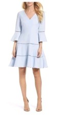  ELIZA J  LACE INSET BELL SLEEVE V-NECK FIT FLARE LIGHT BLUE DRESS sz 10P