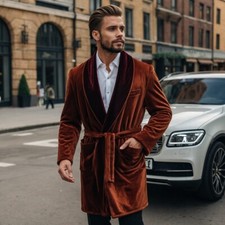 Men Orange Velvet Robe Men Vintage Smoking Evening Dressing Gown Jacket Coat