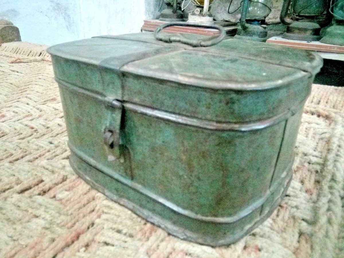 Vintage Old Collectible Ovel Shape Rustic Color Tin Box Made in