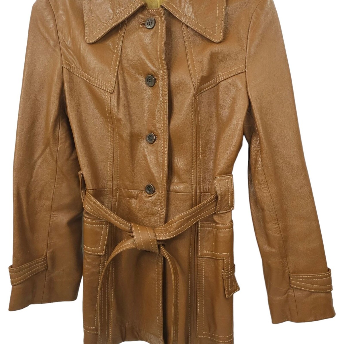 Vintage 70s DDM Brown Leather Point Collar Belted Womens Size 12