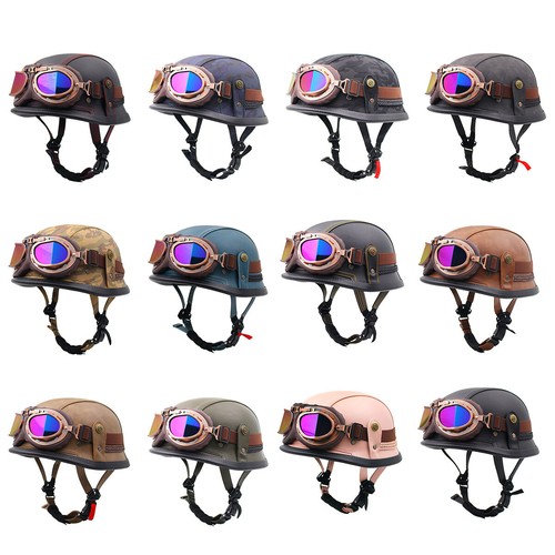 DOT German Style Motorcycle Half Open Helmet Scooter Leather Helmet with Goggles