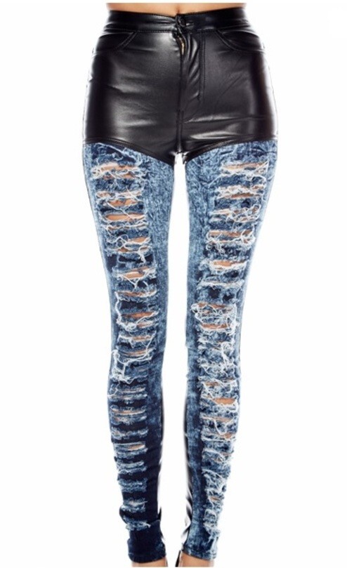 High Waist Black Faux Leather Blue Acid Wash Ripped Skinny Jeans