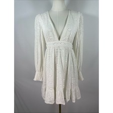 Alice + Olivia Marita Smocked Eyelet Mini Dress Size 2 Off White Bridal V-Neck