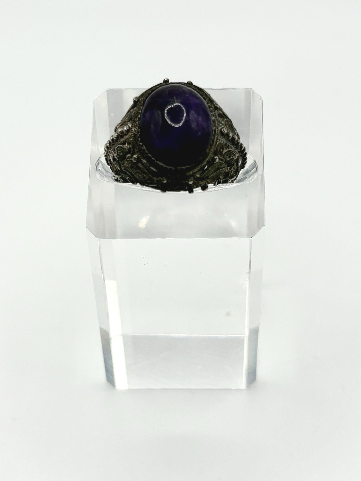Antique Solid Silver Ring with cabochon dark Amet… - image 1