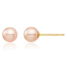14K Solid Yellow Gold 5mm Pink Round Freshwater Cultured Pearl Stud Earrings