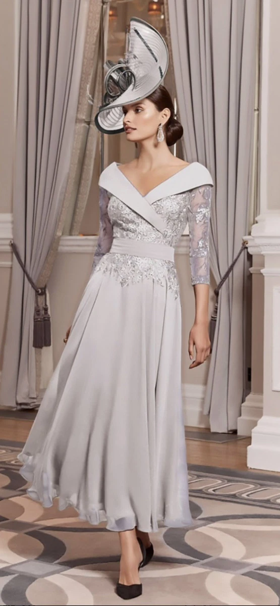 silver grey mother of the bride dresses uk Steel Gray Mother Of Groom Dresses A-Line Appliques 3/4 Sleeves V-Neck