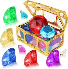 Diving Gem Pool Toys 10 Colorful Big Diamond Gem with Treasure Pirate Chest Box 