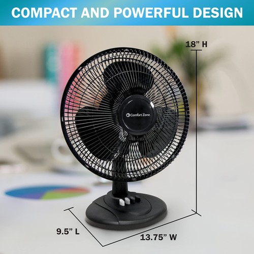 Comfort Zone 12 Inch Oscillating Table Fan with 3 Speed Control for Home Office - Picture 5 of 9