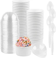 Ice Cream Paper Cups with Lids & Spoons 4 oz 50 Pack Disposable Dessert Supplies