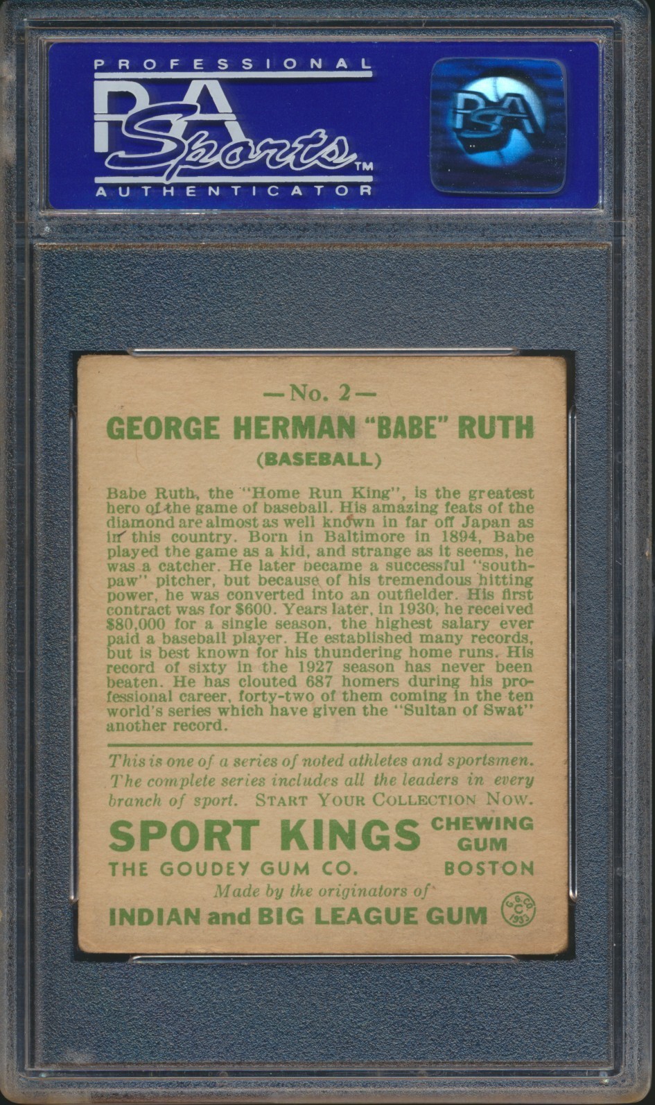 1933 SPORT KINGS BASEBALL #2 BABE RUTH PSA 3 VG HOF YANKEES view 2
