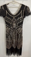 FunDaisy Black Gold Short Sleeve Fringe Flapper Sequin Beaded Midi Dress M