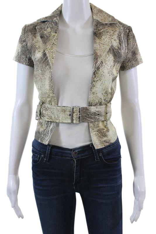 Cannari Concept Womens Abstract Printed Belted Open Front Vest Green Size 2
