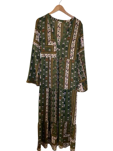 En Crème Maxi Women Dress Size L Floral Olive Green Boho Long Sleeve Hippie Fun