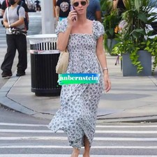 DOEN 2025 French Summer New Pastoral Blue Floral Dress Bubble Sleeve Long Dress