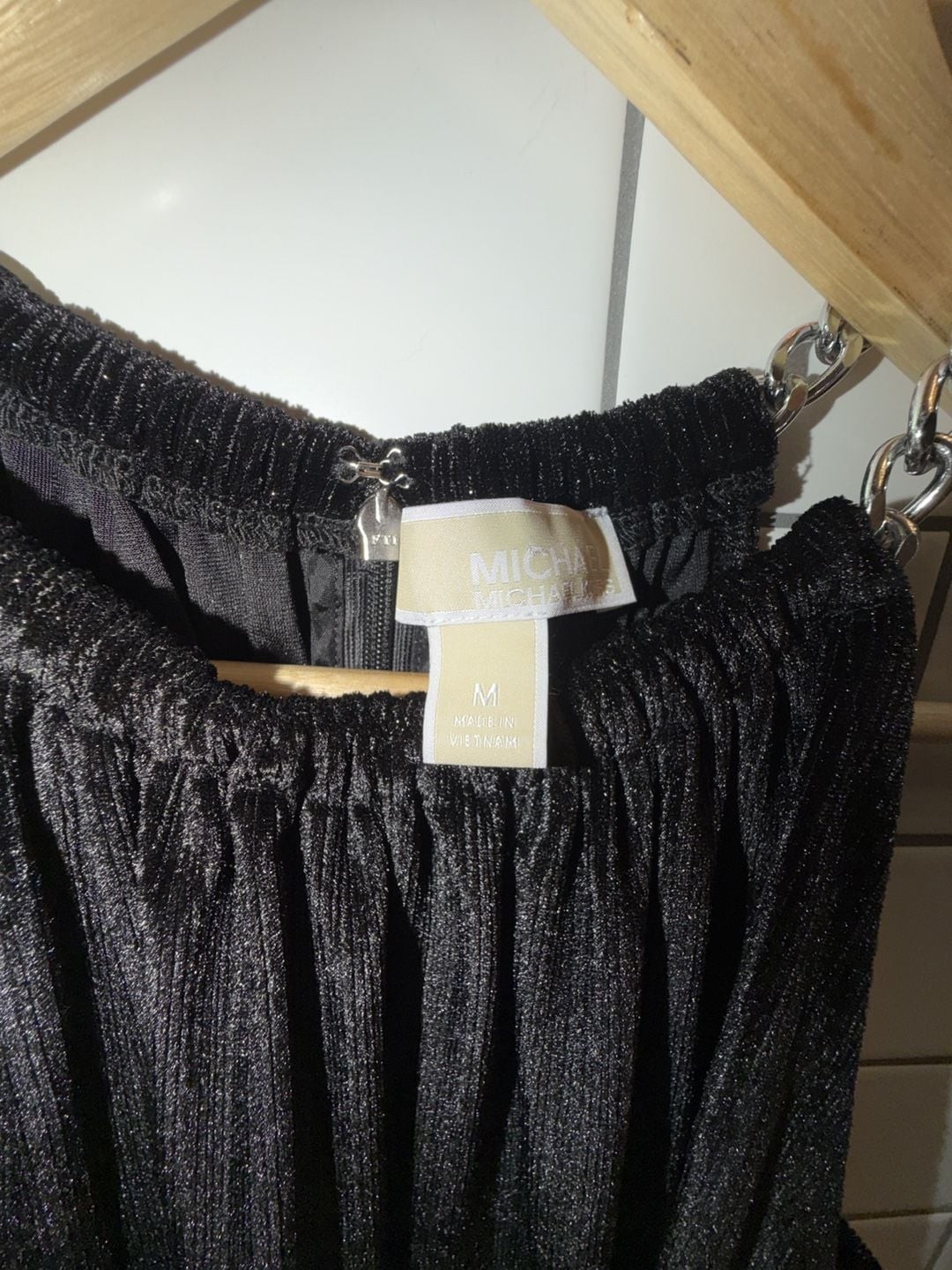 MICHAEL Michael Kors Black Pleated Shimmer Halter Dress with Chain Detail, photo 4