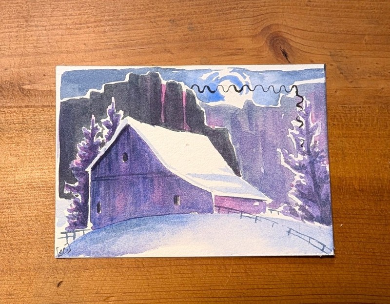 ACEO original watercolor landscape Barn Farmland Americana ExplorationCreations 