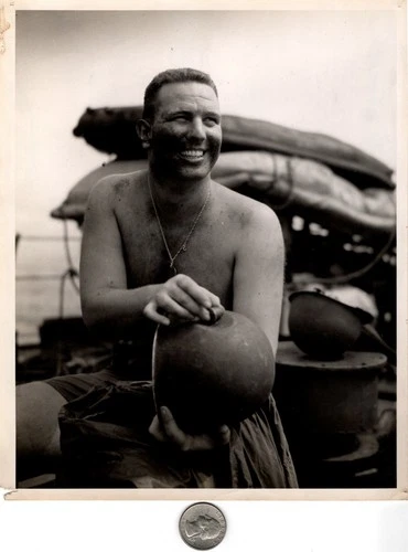 WW2 WWII USN US Navy Military Press Photo Ensign Lanier Showing Damaged Helmet