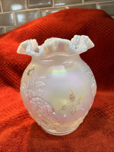 Fenton (Romance Collection) Rose Vase Ruffled Edge White opulence Iridescence  - Picture 4 of 8