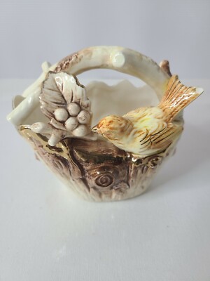 Vintage Ucagco Japan Porcelain 3D Yellow Bird Basket Shaped Candy