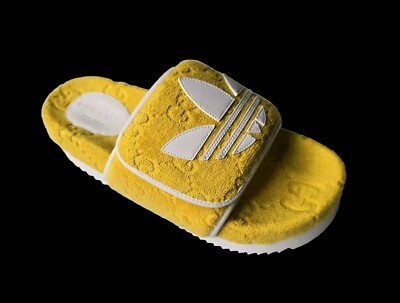 GUCCI x Adidas Supreme Yellow Slides White GG Logo 10.5 US ~ 10 UK