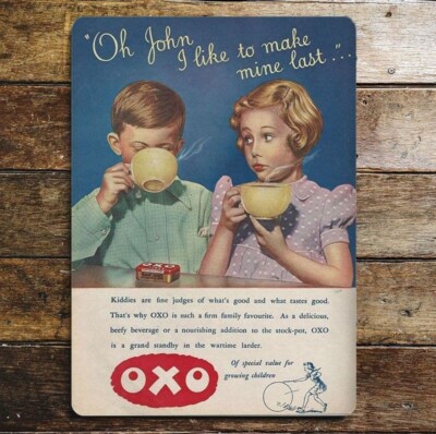 Oxo Cube Oh John I like to make mine letzte 1930er - Metall Wandschild 28cm x 41 cm.