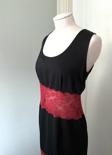 Vintage Biba schwarzes Satinkleid mit roter Spitze - Bild 2 von 7